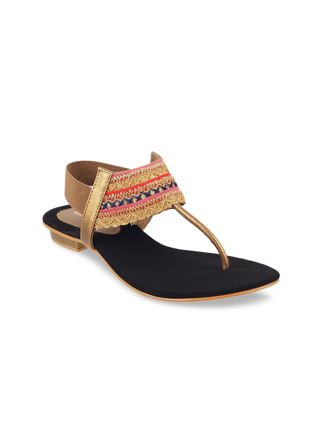 

WALKWAY by Metro Women Gold-Toned & Pink Ethnic Embellished T-Strap Flats