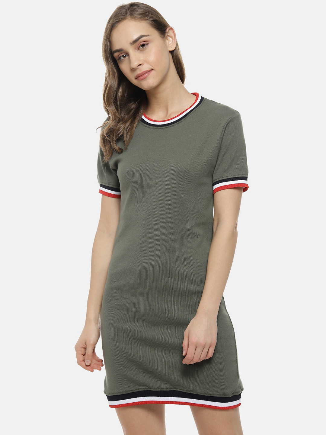 

Campus Sutra Women Olive Green Pure Cotton Solid T-shirt Dress