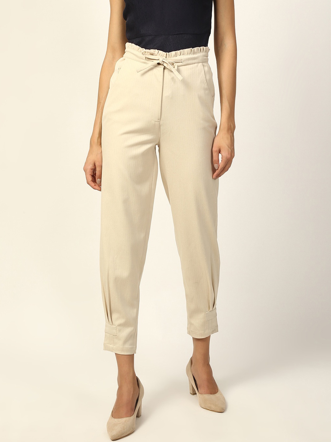 

ELLE Women Beige Tapered Fit Self Design Regular Trousers