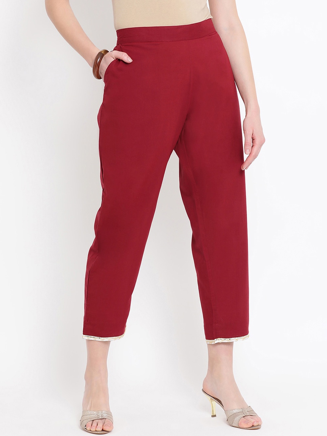 

FABNEST Women Maroon Regular Trousers