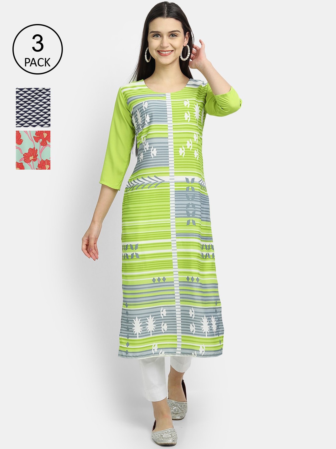 

Ethnic basket Women Pack Of 3 Printed Crepe Kurta, Green