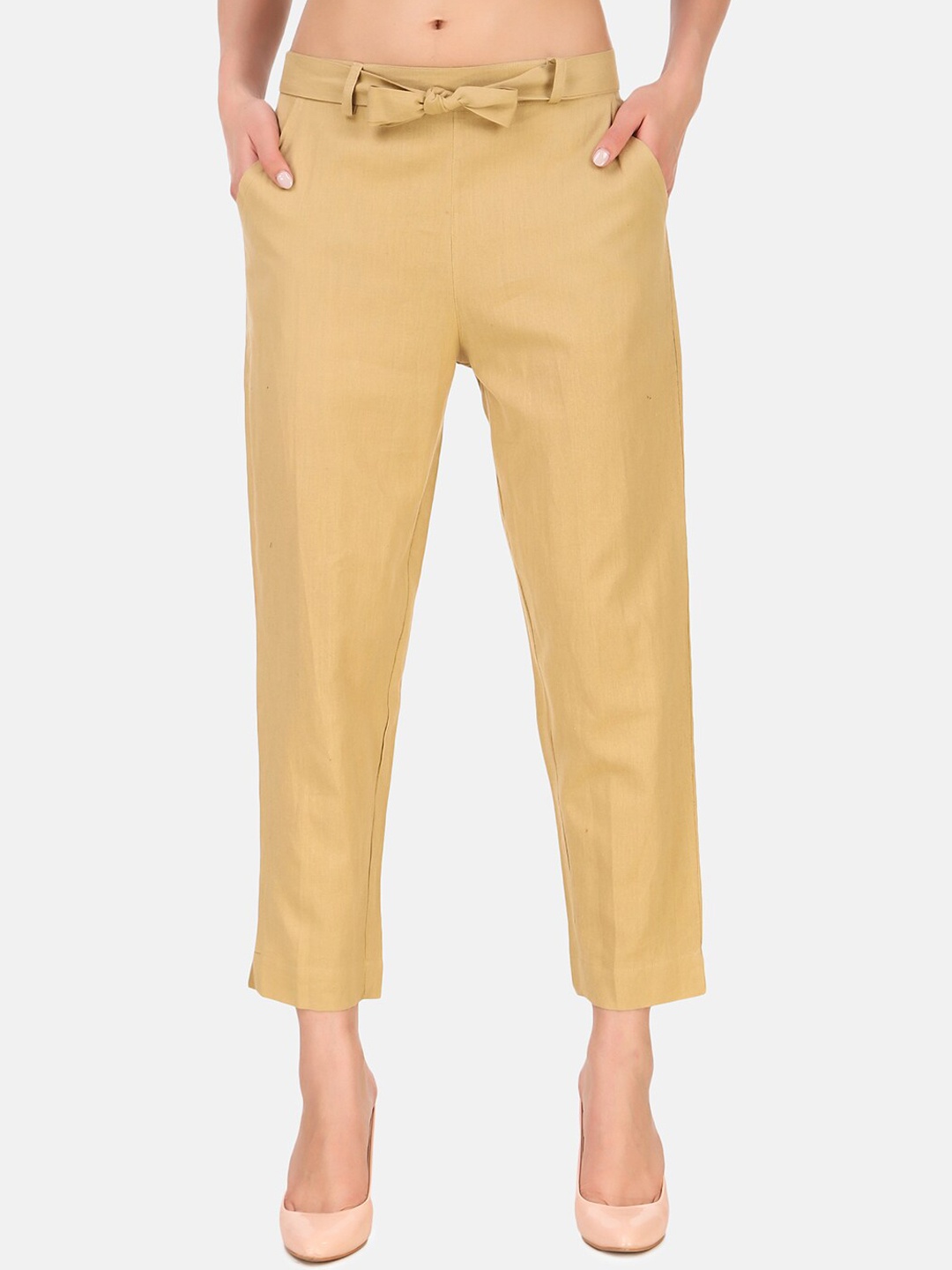 

Aawari Women Beige High-Rise Regular Trousers with Belt