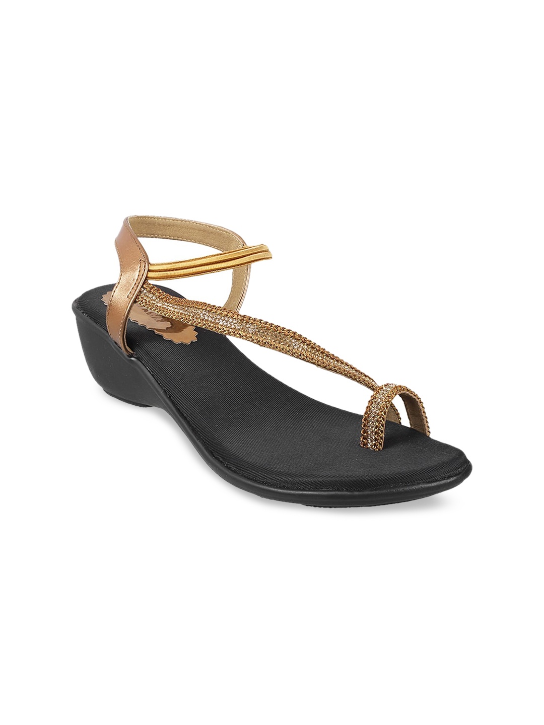 

WALKWAY by Metro Women Gold-Toned Ethnic Embellished One-Toe Comfort Heels with Braided Detail