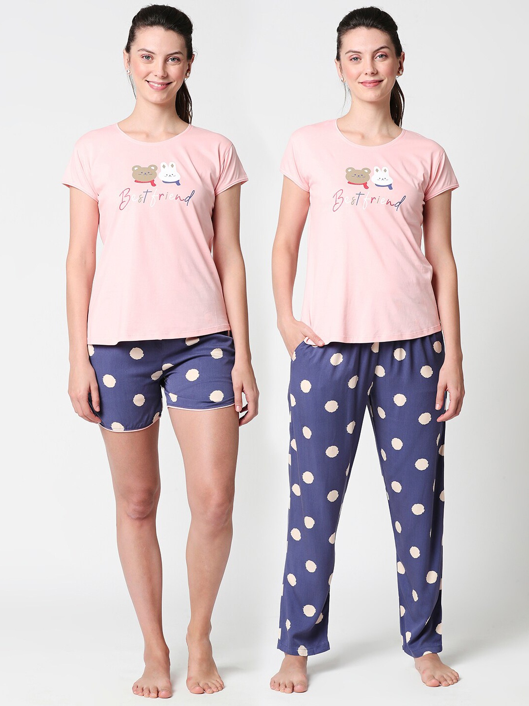 

Zeyo Women Pack of 2 Pink & Blue Printed Night suit