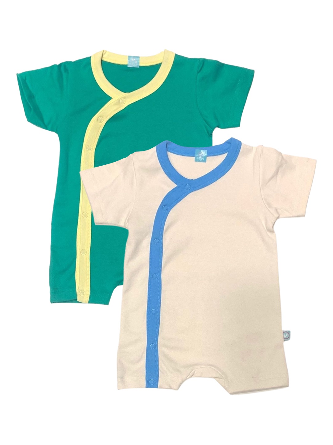 cherrytoes Infant Kids Pack Of 2 Solid Pure Cotton Sustainable Rompers, Teal