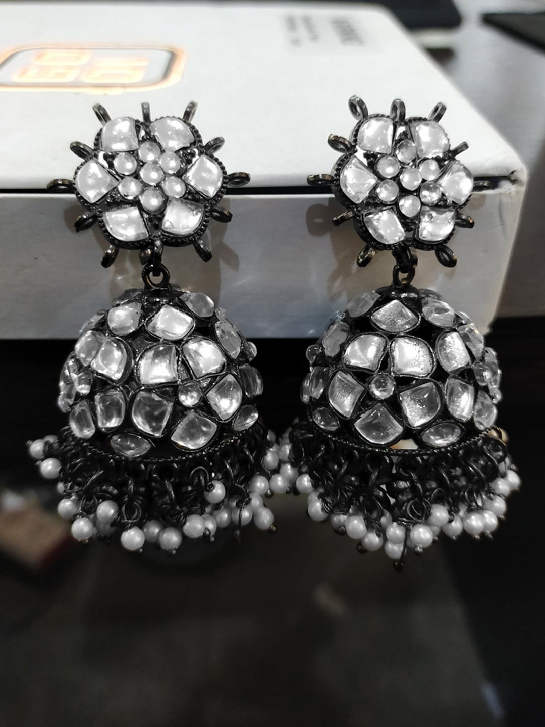 

Yellow Chimes Gunmetal-Toned Stone Studded Oxidised Dome Shaped Jhumkas, Metallic