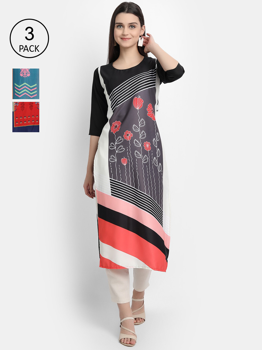

Ethnic basket Women Pack of 3 Multicoloured Geometric Printed Crepe Kurta, Multi