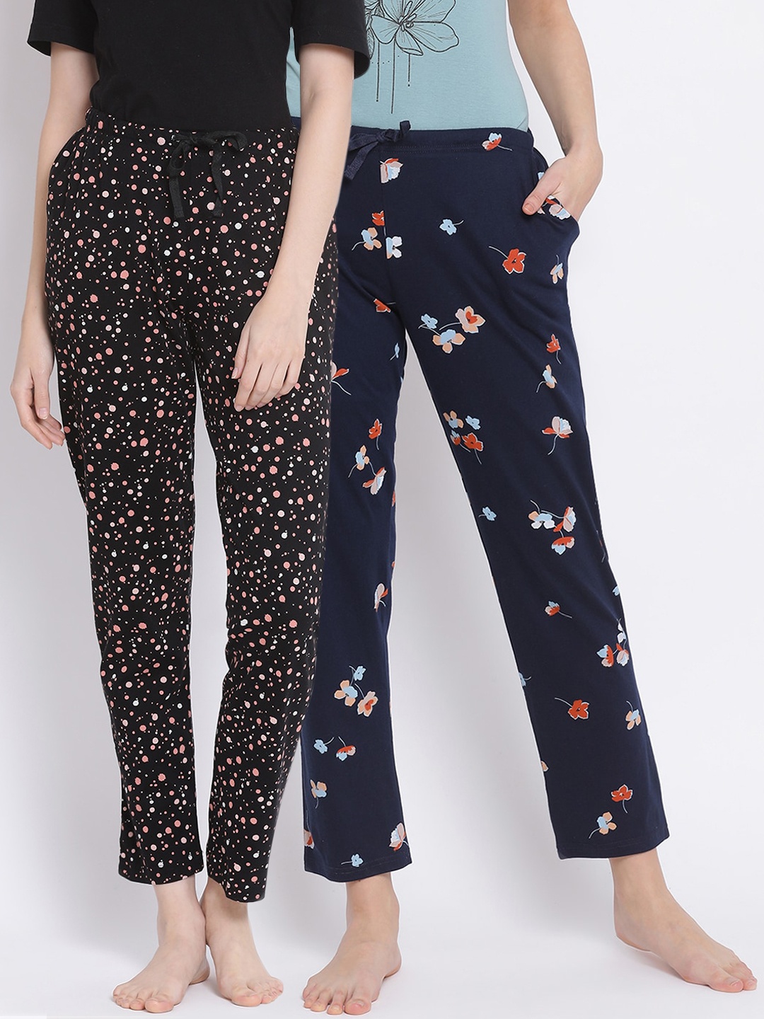 

Kanvin Women Pack of 2 Printed 100% Cotton Lounge Pants, Navy blue