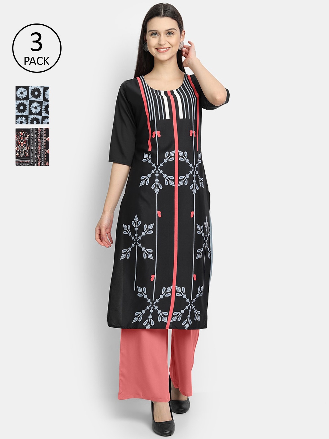 

Ethnic basket Women Pack Of 3 Geometric Printed Crepe Kurta, Black