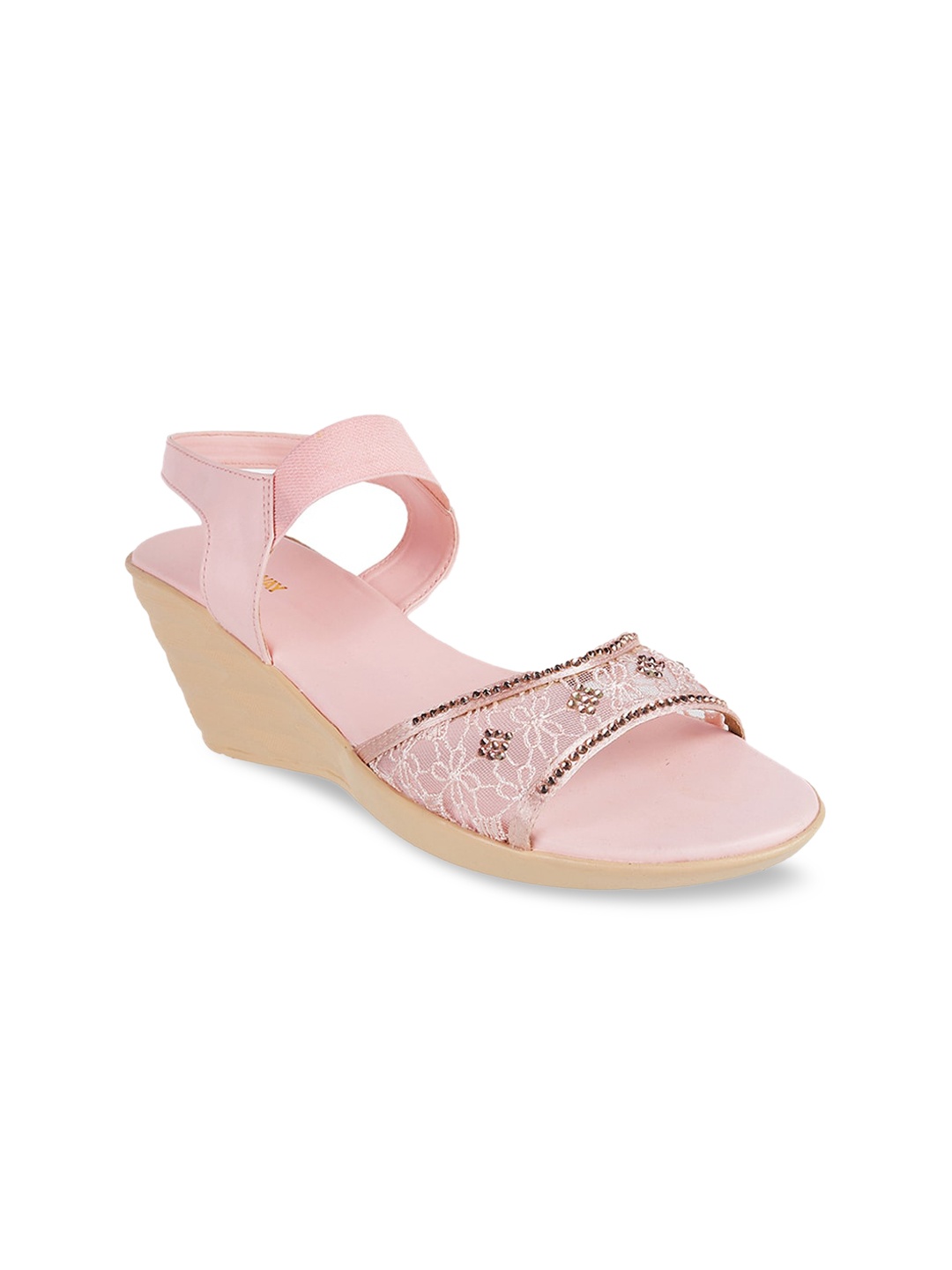 

WALKWAY by Metro Women Peach-Coloured & Off-White Embellished Net Wedges