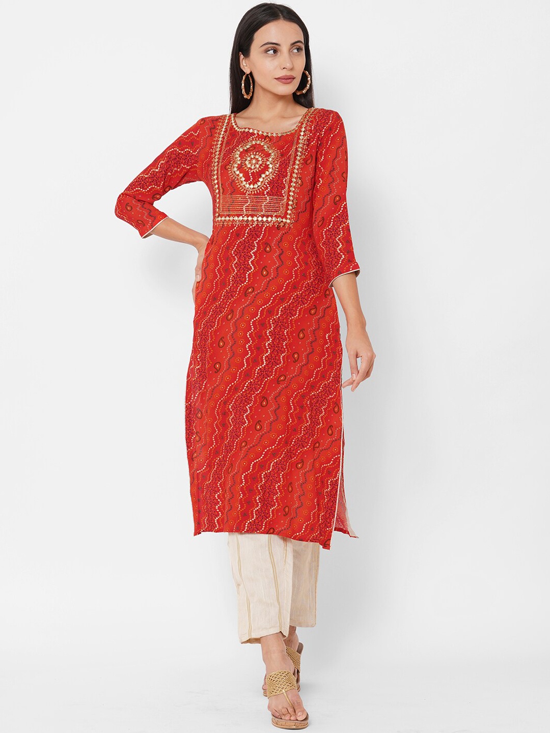

FASHOR Women Red & Beige Bandhani Print & Zari Embroidered Straight Kurta
