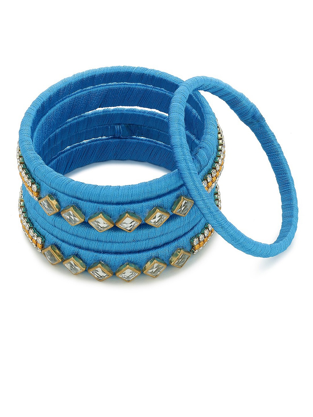 

AKSHARA Girls Set of 2 Blue & White Kundan-Studded Handcrafted Silk Thread Bangles