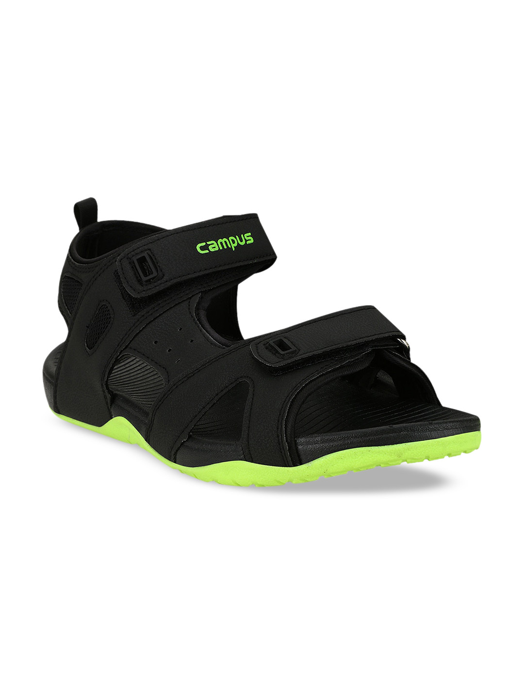 

Campus Men Black & Fluorescent Green Solid Sports Sandals