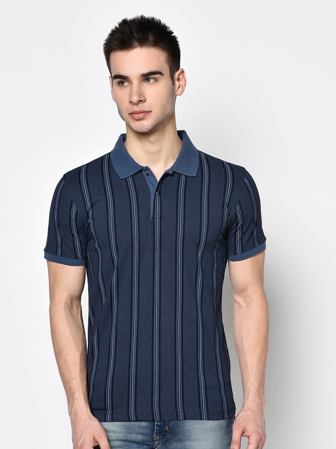 

Octave Men Blue Striped Polo Collar T-shirt