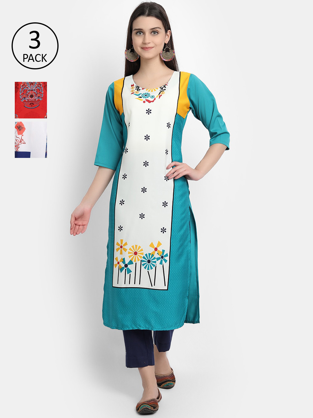 

Ethnic basket Women Pack Of 3 Multicoloured Floral Printed Crepe Kurta, Multi