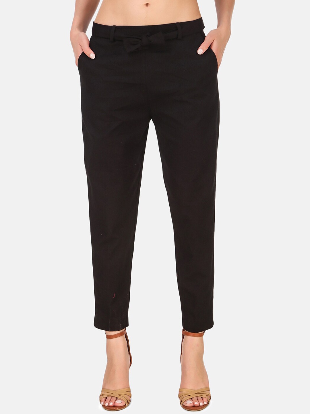 

Aawari Women Black Regular Fit Solid Regular Cotton Trousers with Belt