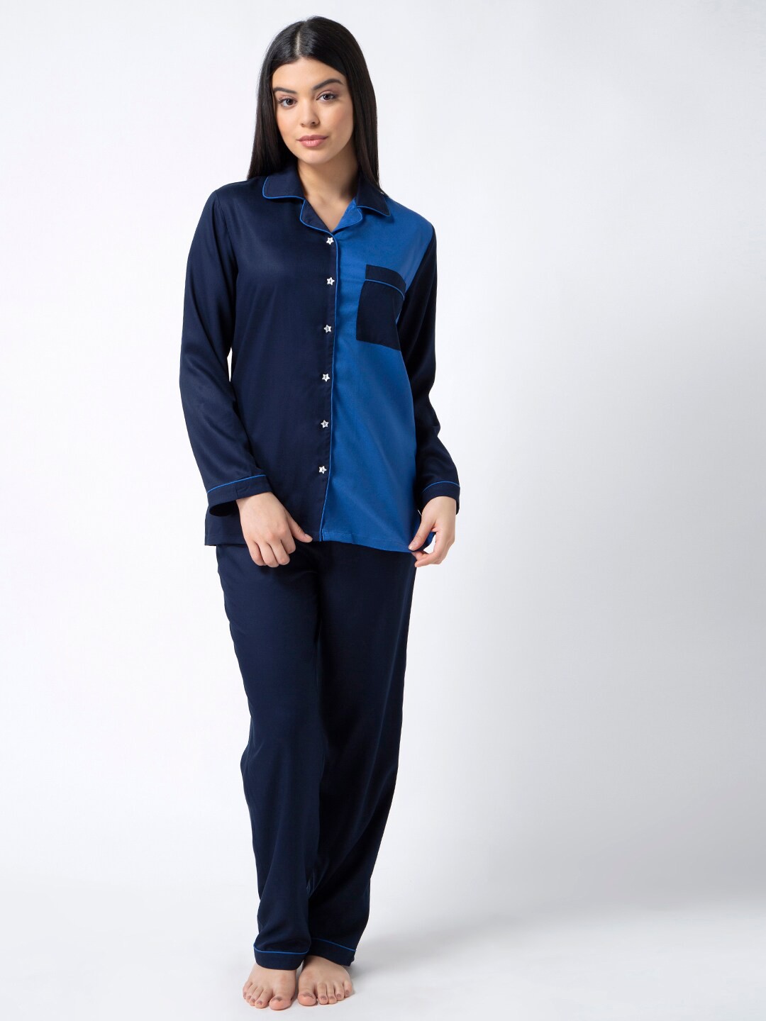 

ADORENITE Women Blue Colourblocked Night suit