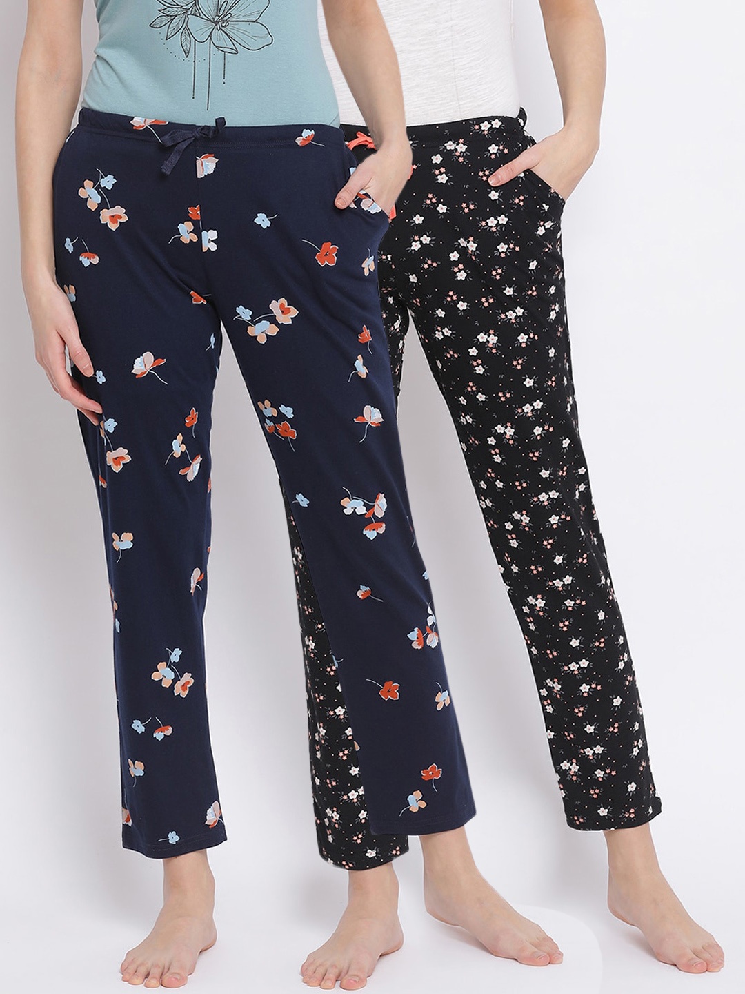 

Kanvin Women Pack Of 2 Floral Printed Cotton Lounge Pants, Navy blue