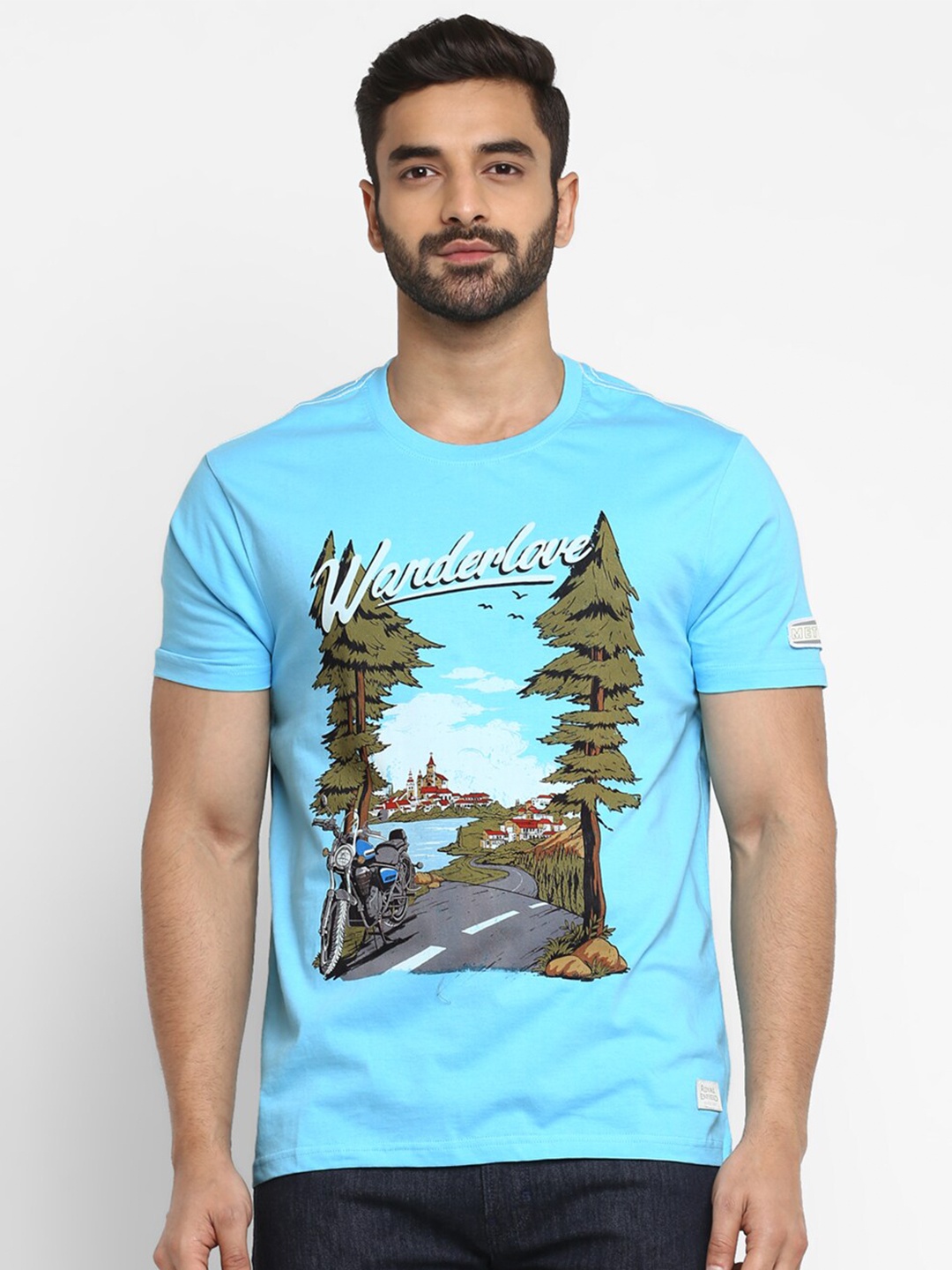 

Royal Enfield Men Blue Printed Round Neck T-shirt