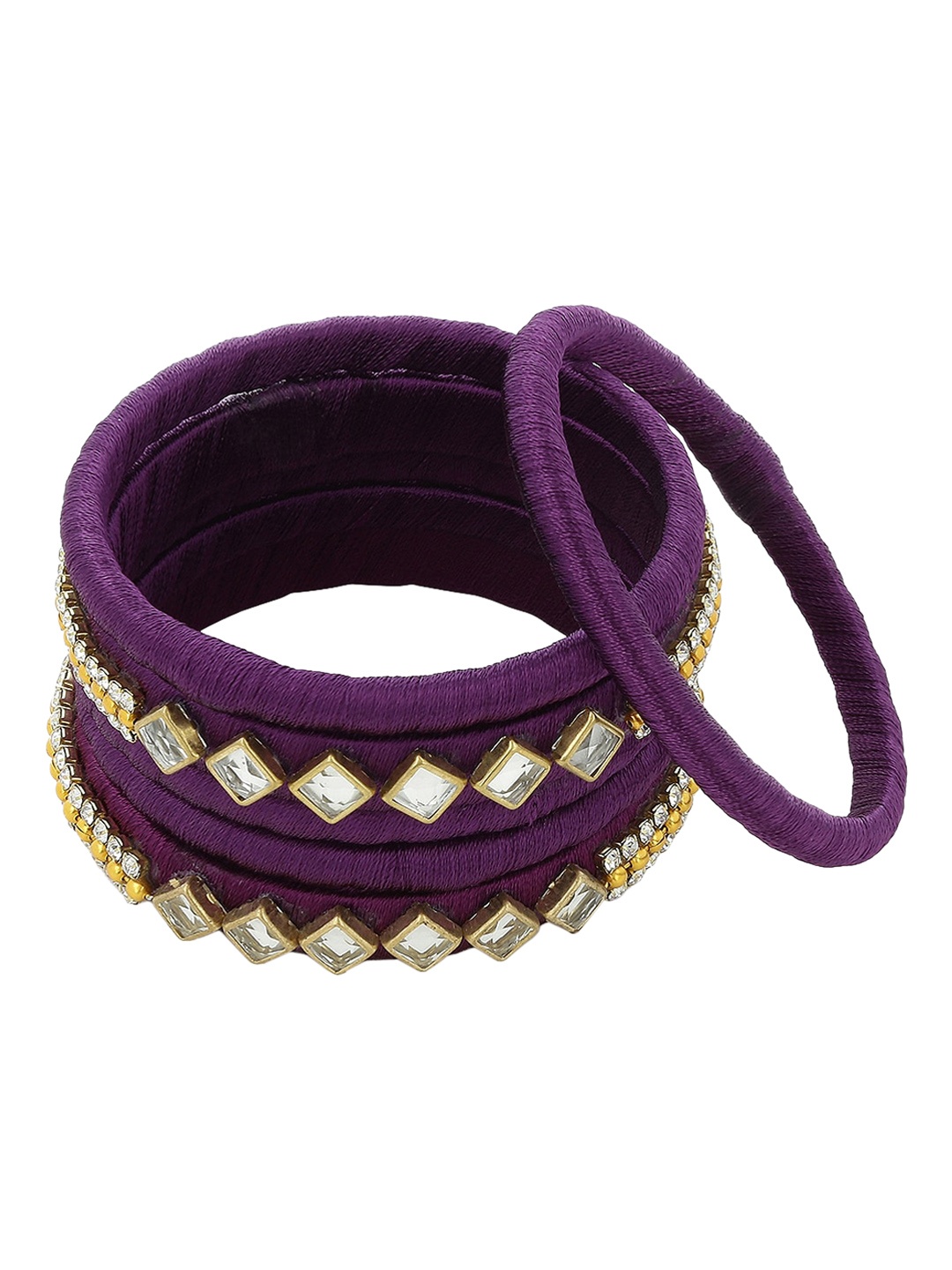 

AKSHARA Set Of 6 Purple & White Silk Thread Kundan-Studded Handcrafted Bangles