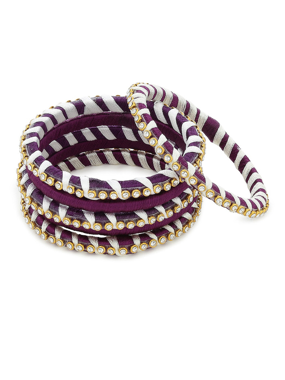

AKSHARA Set Of 6 Purple & White Stone-Studded Handcrafted Silk Thread Bangles