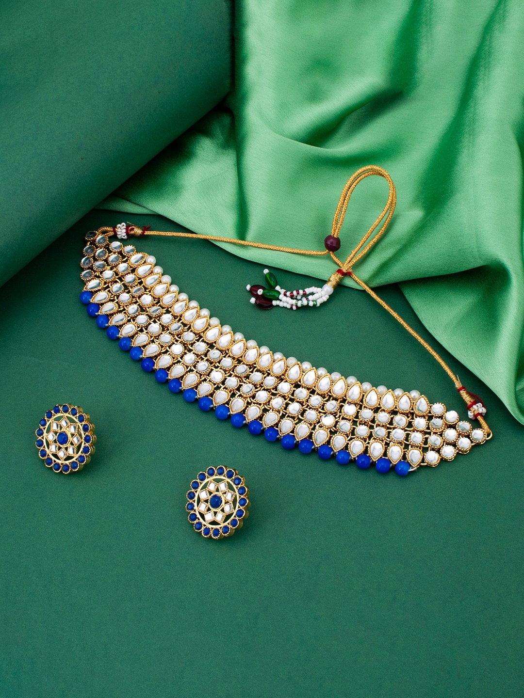 Sukkhi Gold-Plated White & Blue Kundan-Studded & Pearl Beaded Jewellery Set