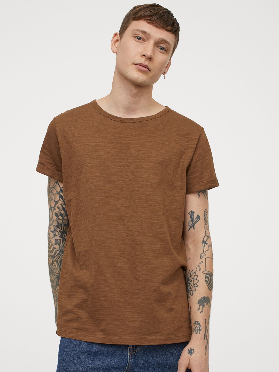

HM Men Brown Solid Cotton Pure Cotton T-shirt