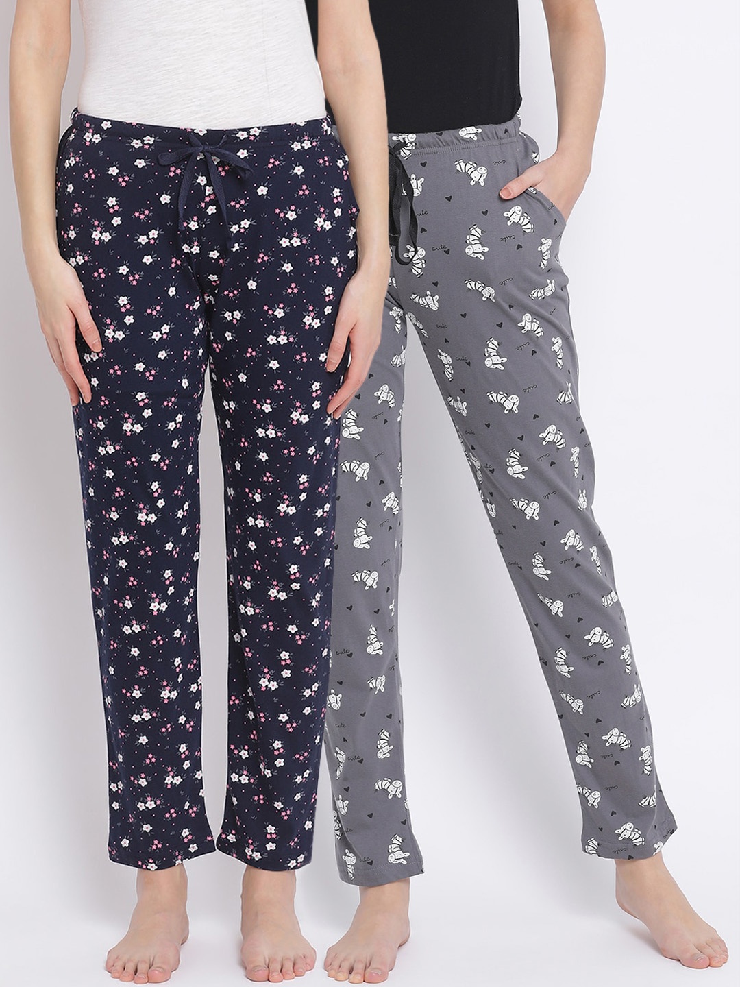 

Kanvin Women Pack Of 2 Printed Cotton Lounge Pants, Grey