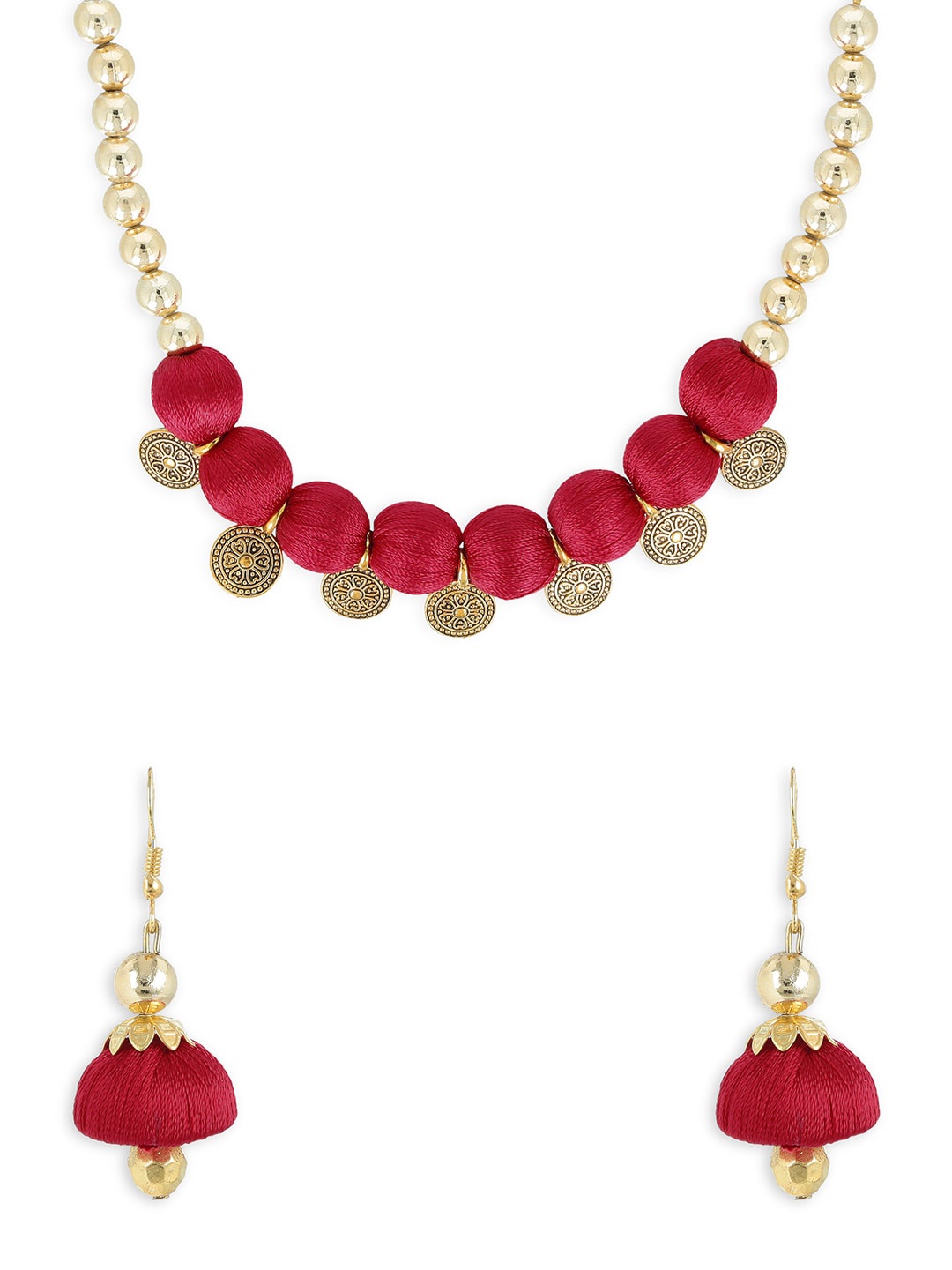 

AKSHARA Gold-Plated Red & Beige Beaded Handcrafted Jewellery Set