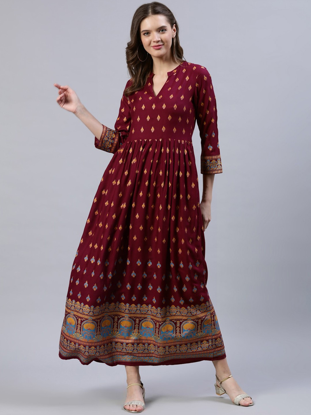 

Nayo Burgundy Ethnic Motifs Maxi Dress
