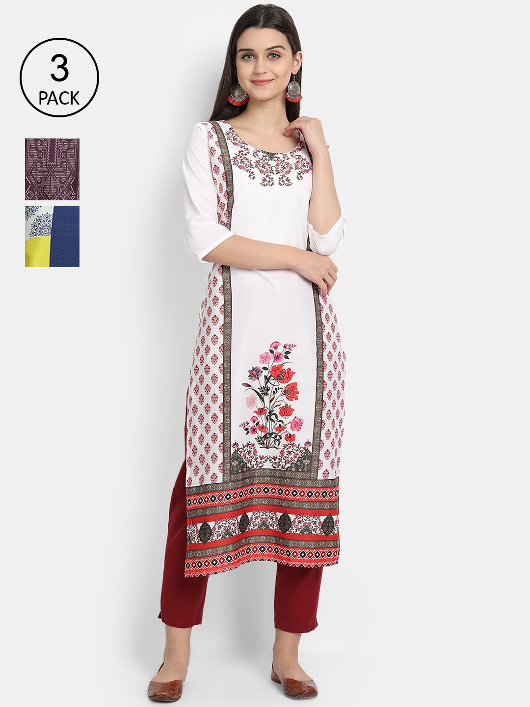

Ethnic basket Women Pack Of 3 Multicoloured Floral Printed Crepe Kurta, Multi