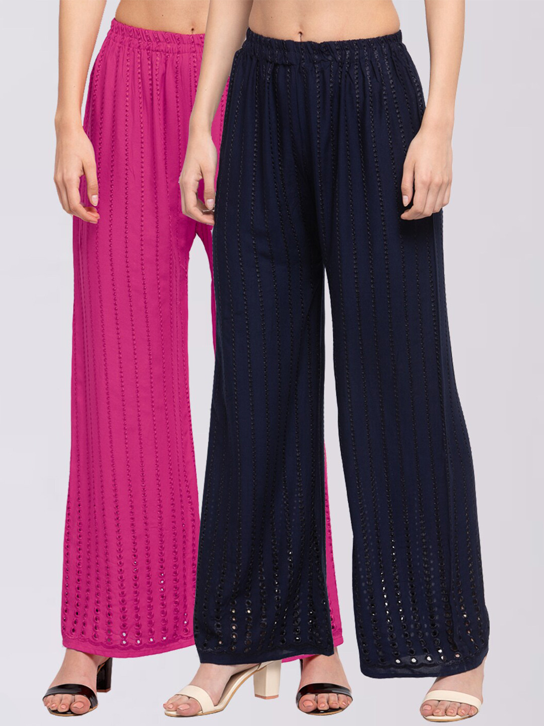 

KLOTTHE Women Pack of 2 Embroidered Wide Leg Palazzos, Multi