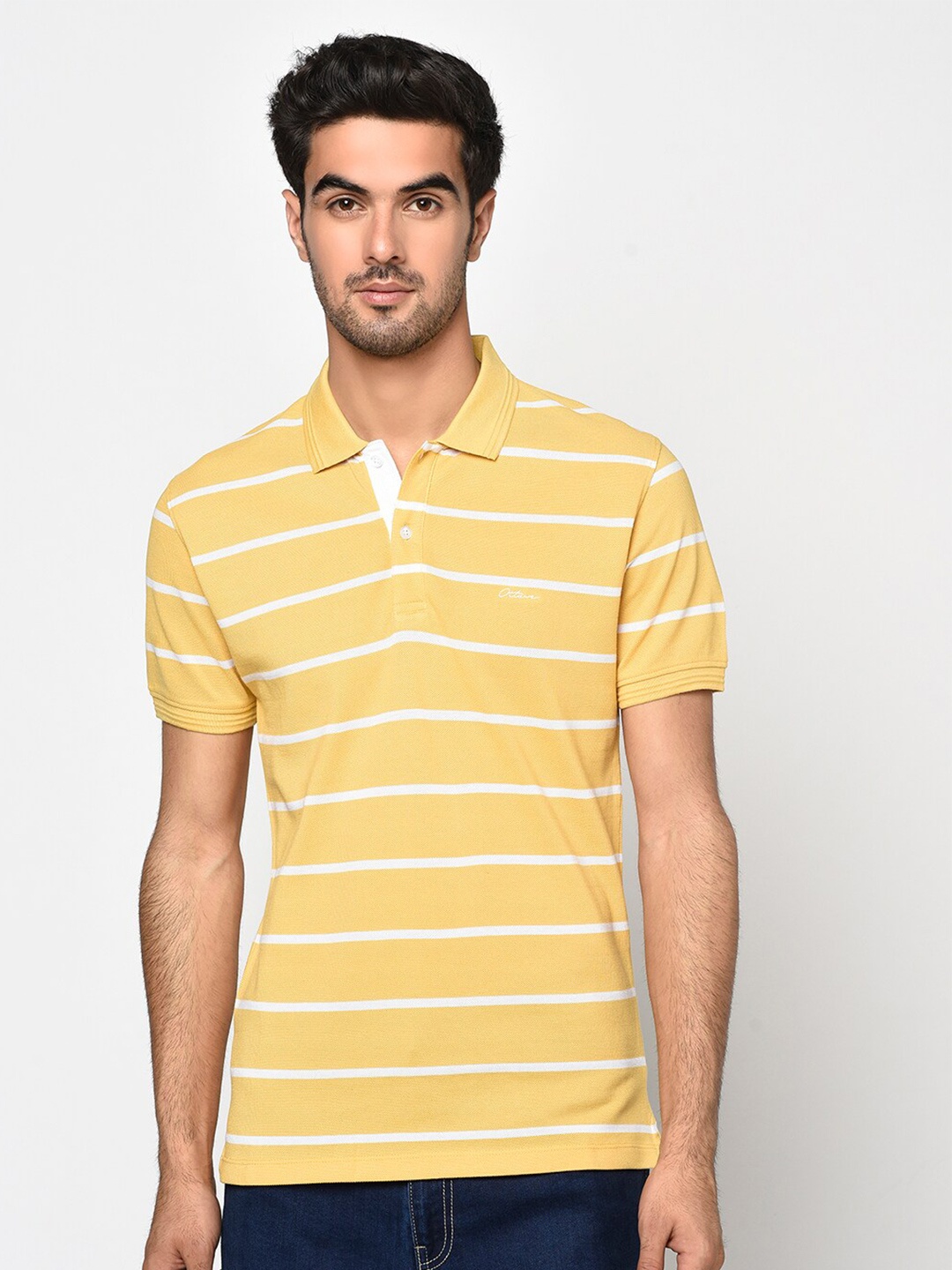Octave Men Yellow Striped Polo Collar Cotton Pure Cotton T-shirt