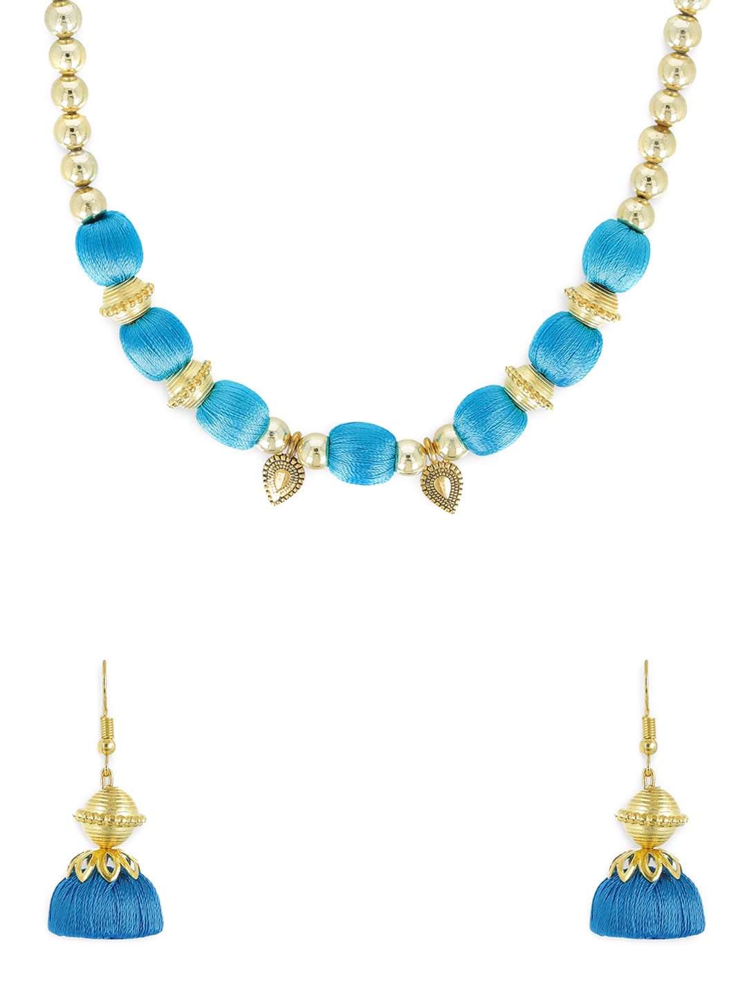 AKSHARA Gold-Plated Blue & Beige Beaded Handcrafted Jewellery Set