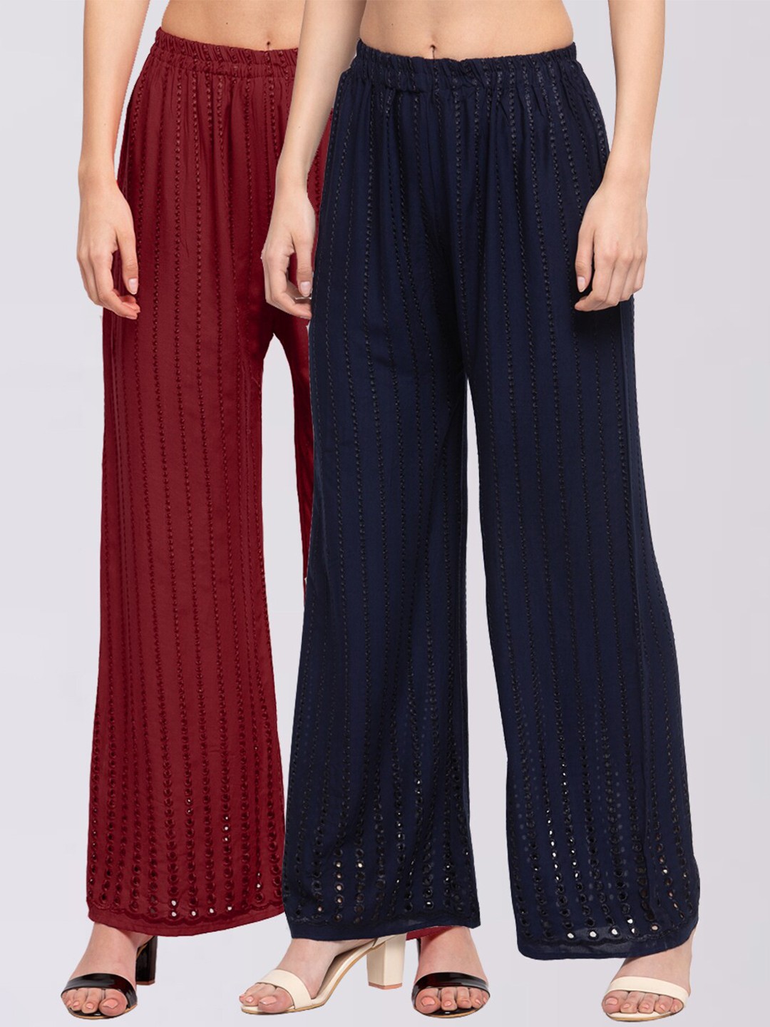 

KLOTTHE Women Pack Of 2 Embroidered Wide Leg Palazzos, Maroon