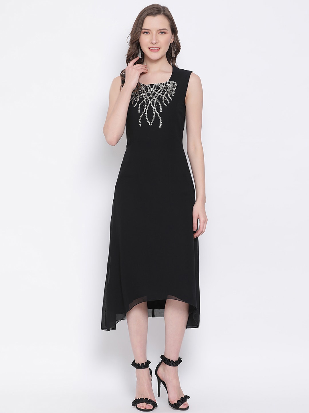 

LY2 Women Black Solid A-Line Midi Dress