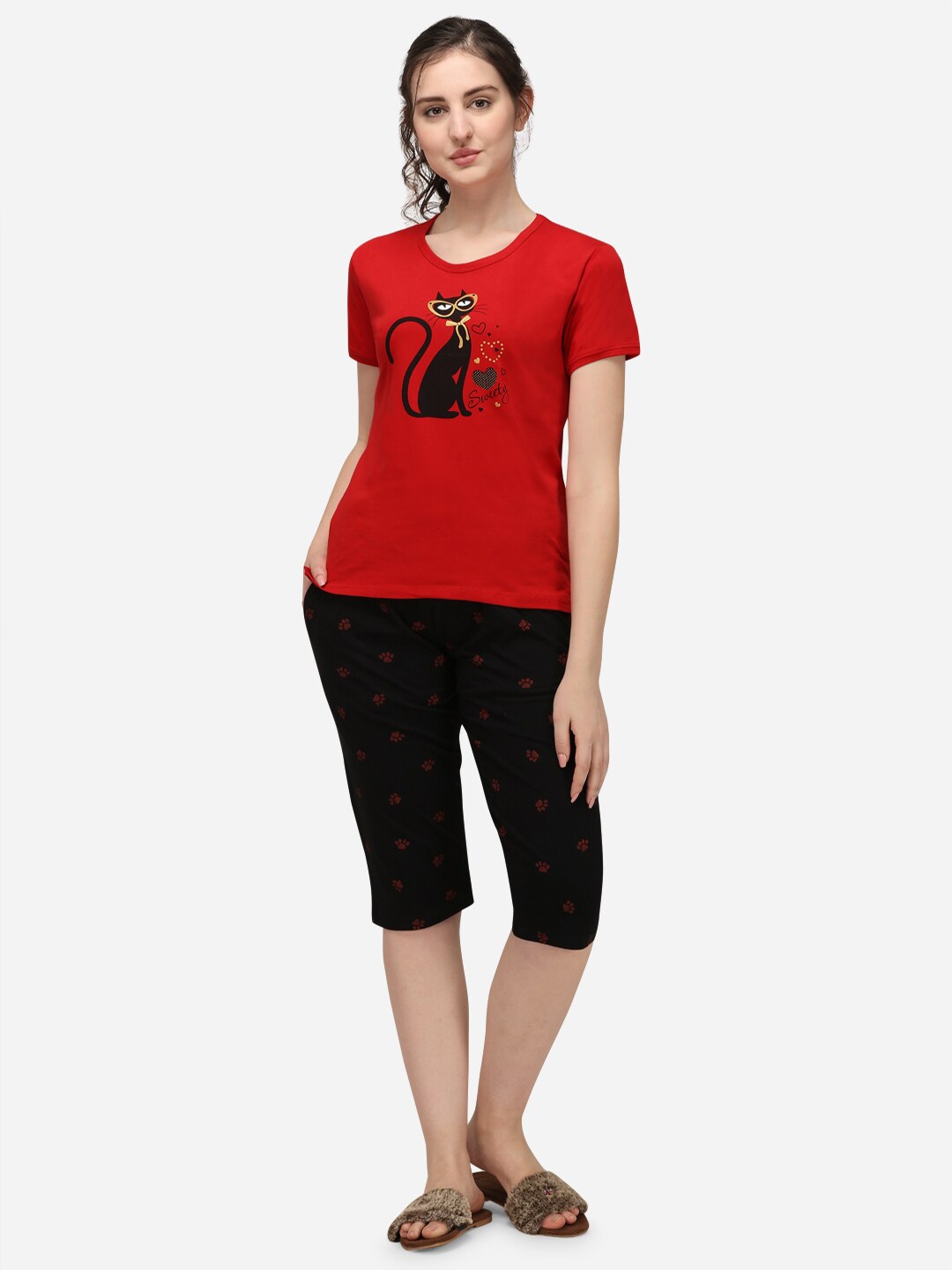 

Lenissa Women Red & Black Printed Cotton Night suit