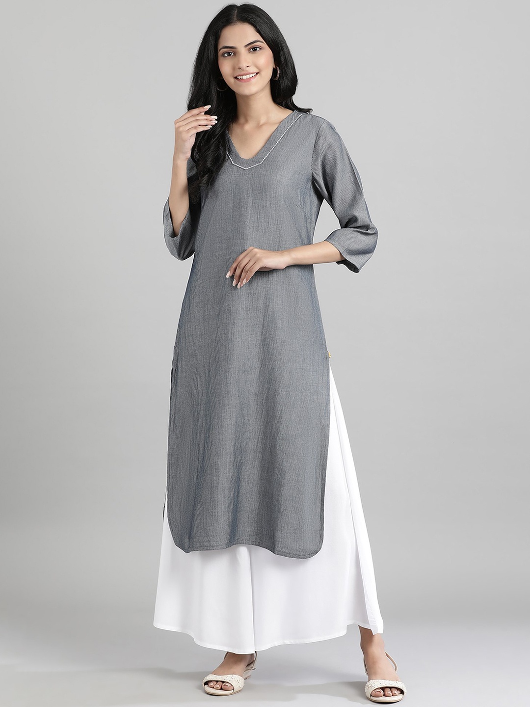 AURELIA Women Grey Striped Kurta
