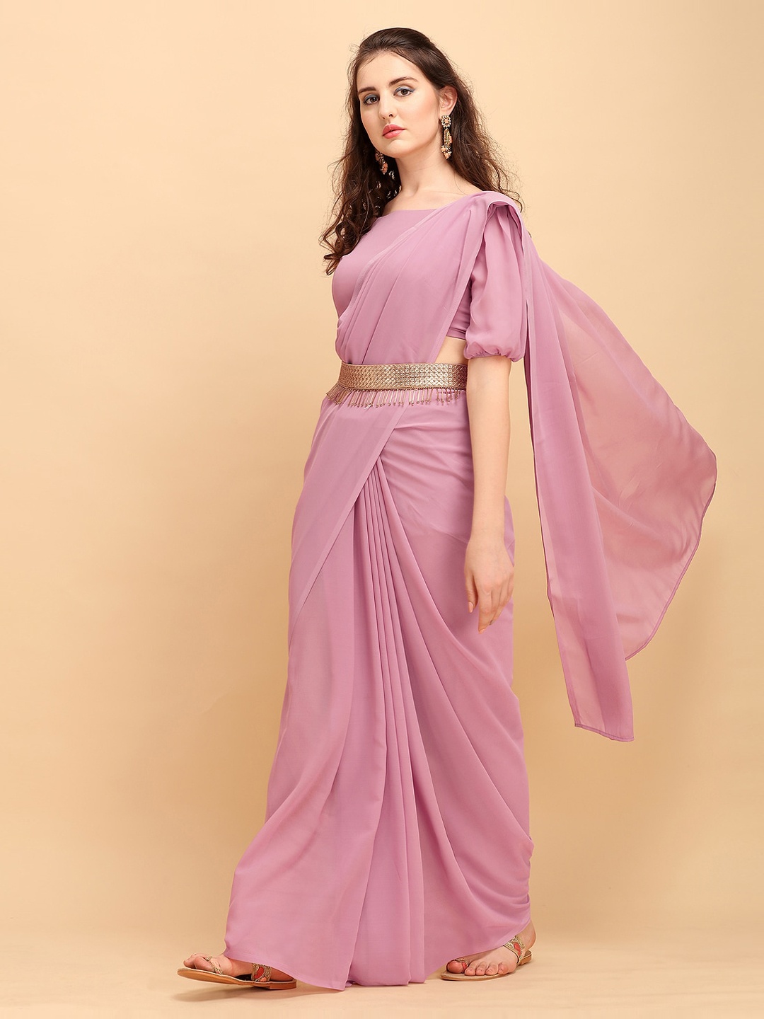 

Sangria Pink Solid Poly Georgette Saree with Sequined Belt