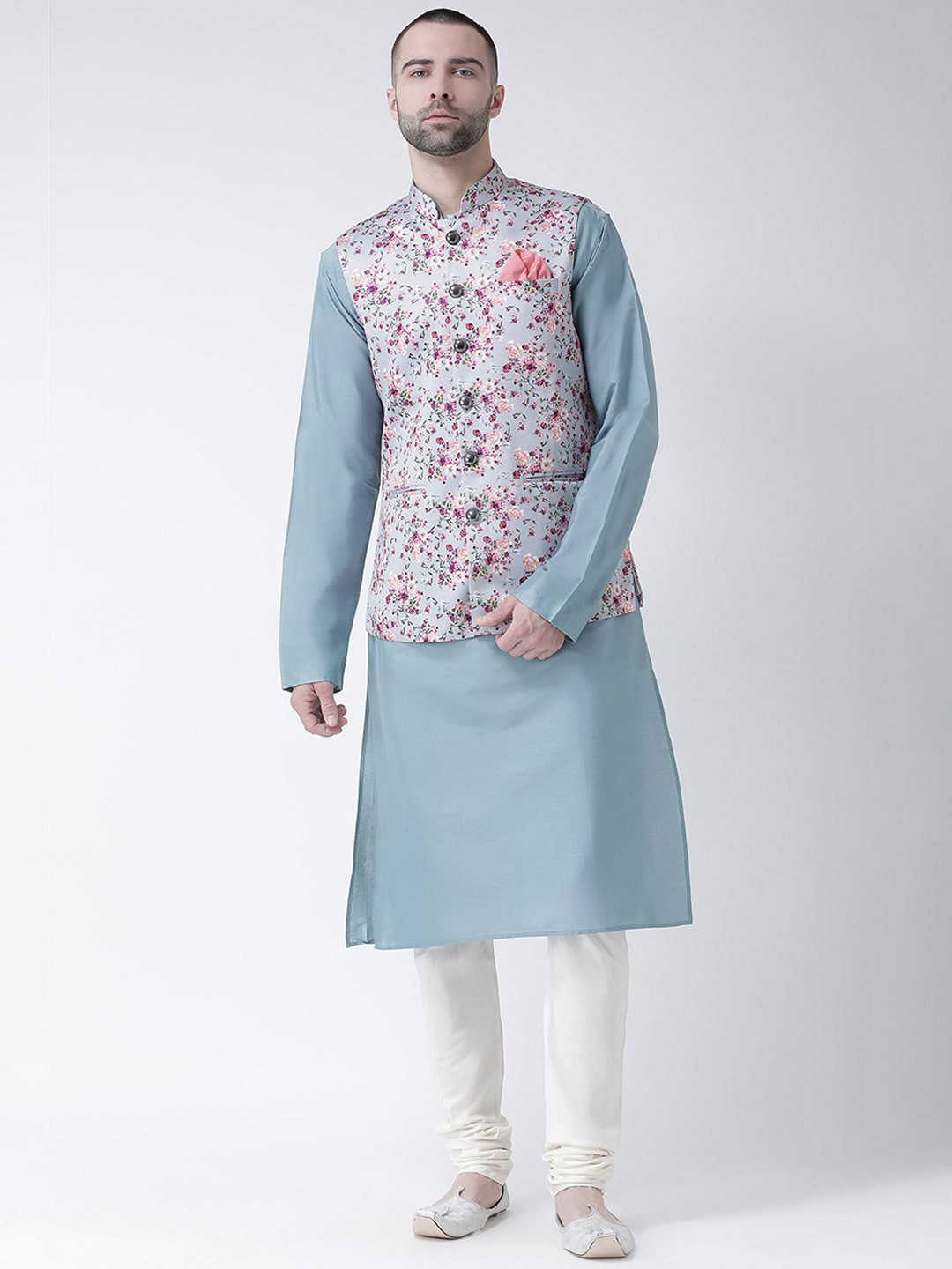 

KISAH Men Blue & White Floral Straight Kurta & Churidar With Jacket