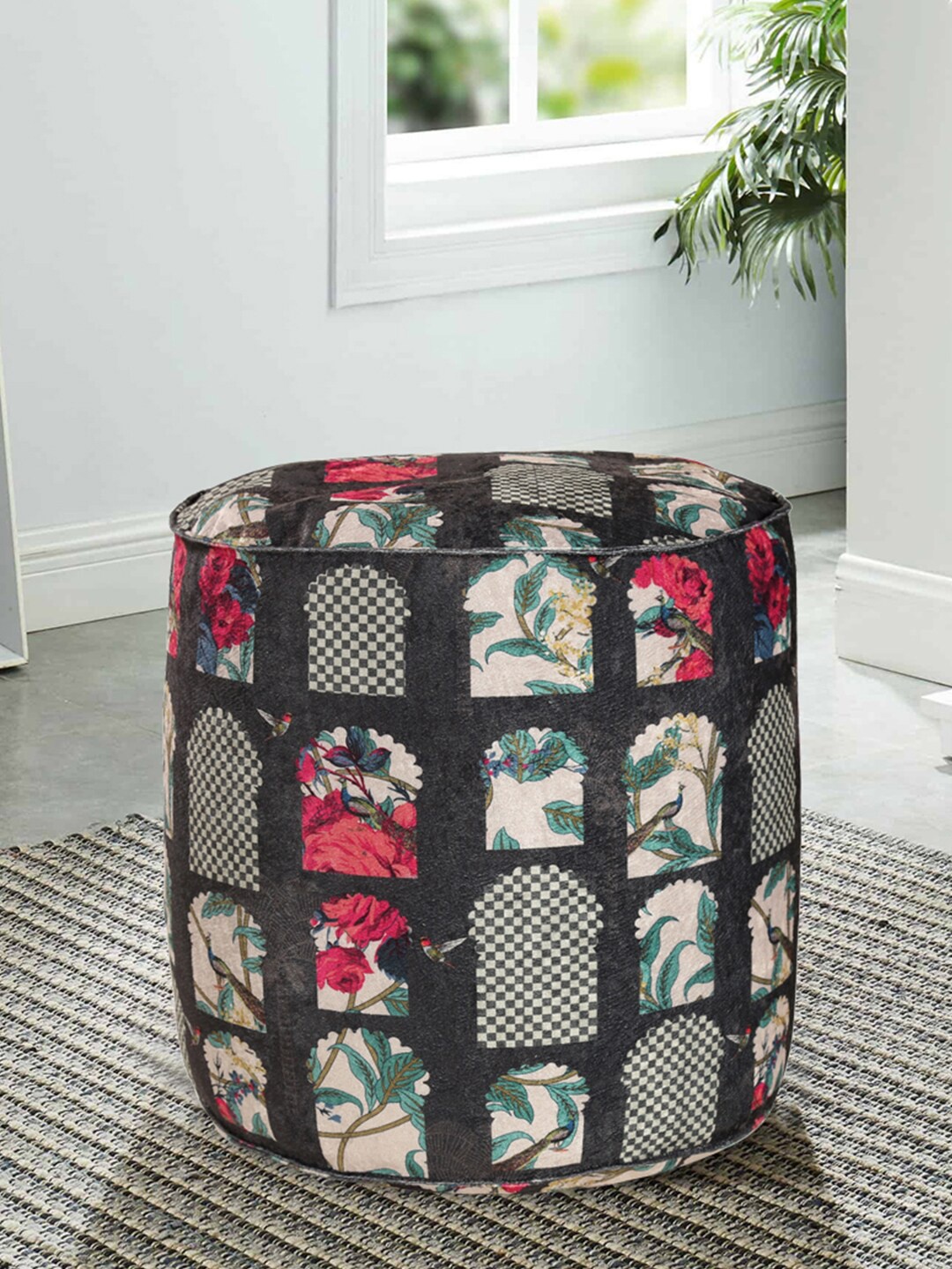 

India Circus by Krsnaa Mehta Black & Pink Printed Signature Cylindrical Windows Pouffe