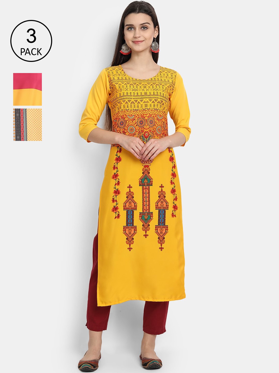 

Ethnic basket Women Pack of 3 Multicoloured Geometric Printed Crepe Kurta, Multi