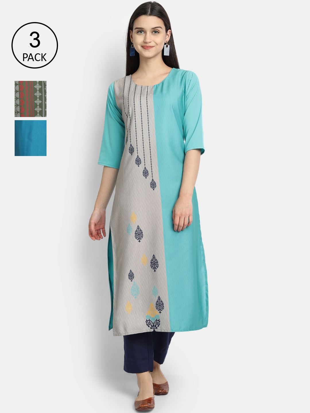 

Ethnic basket Women Pack Of 3 Multicoloured Printed Crepe Kurta, Multi