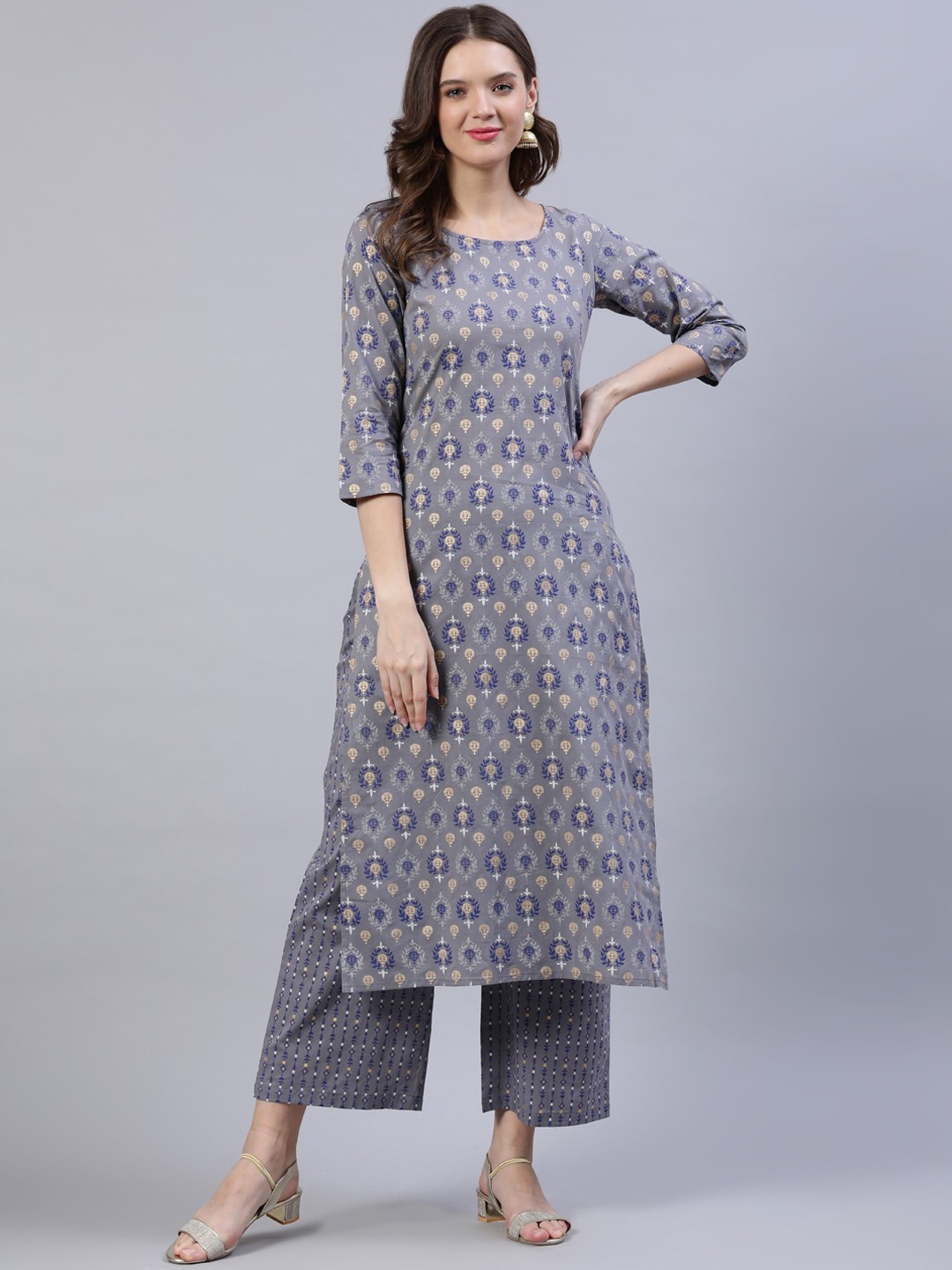 Nayo Women Grey & Navy Blue Khari Print Pure Cotton Kurta with Trousers