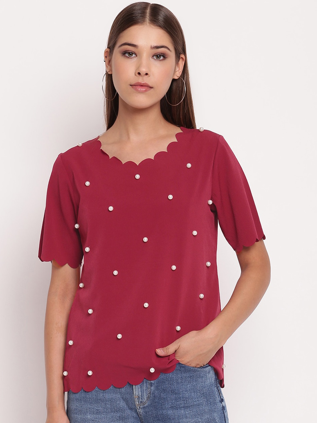 

AKIMIA Rose Pearl Embellished Crepe Scalloped Top