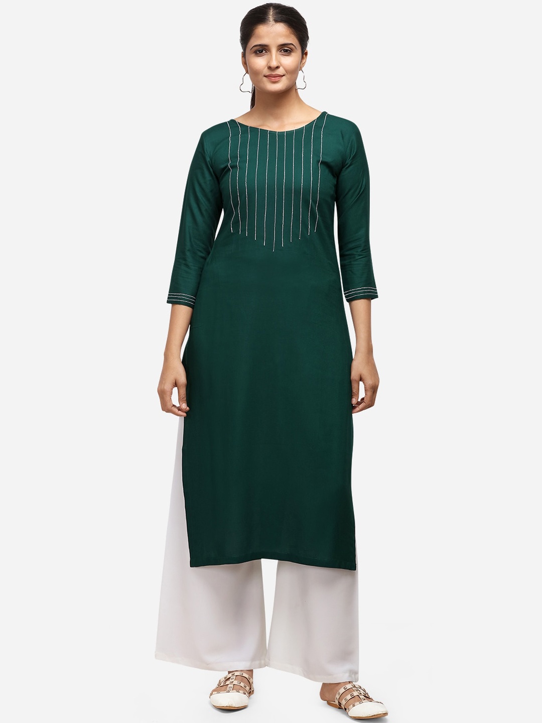 

Florence Women Green Regular Straight Thread Work Kurta with Palazzos
