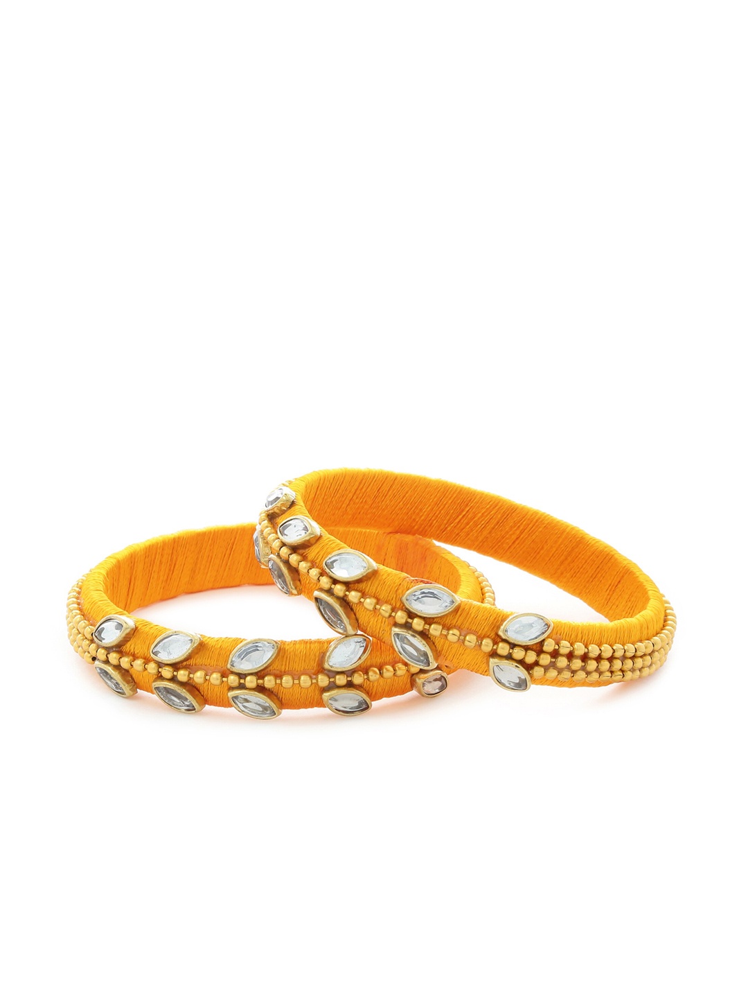 

AKSHARA Set of 2 Gold-Coloured & White Kundan-Studded Beaded Handcrafted Silk Thread Bangles