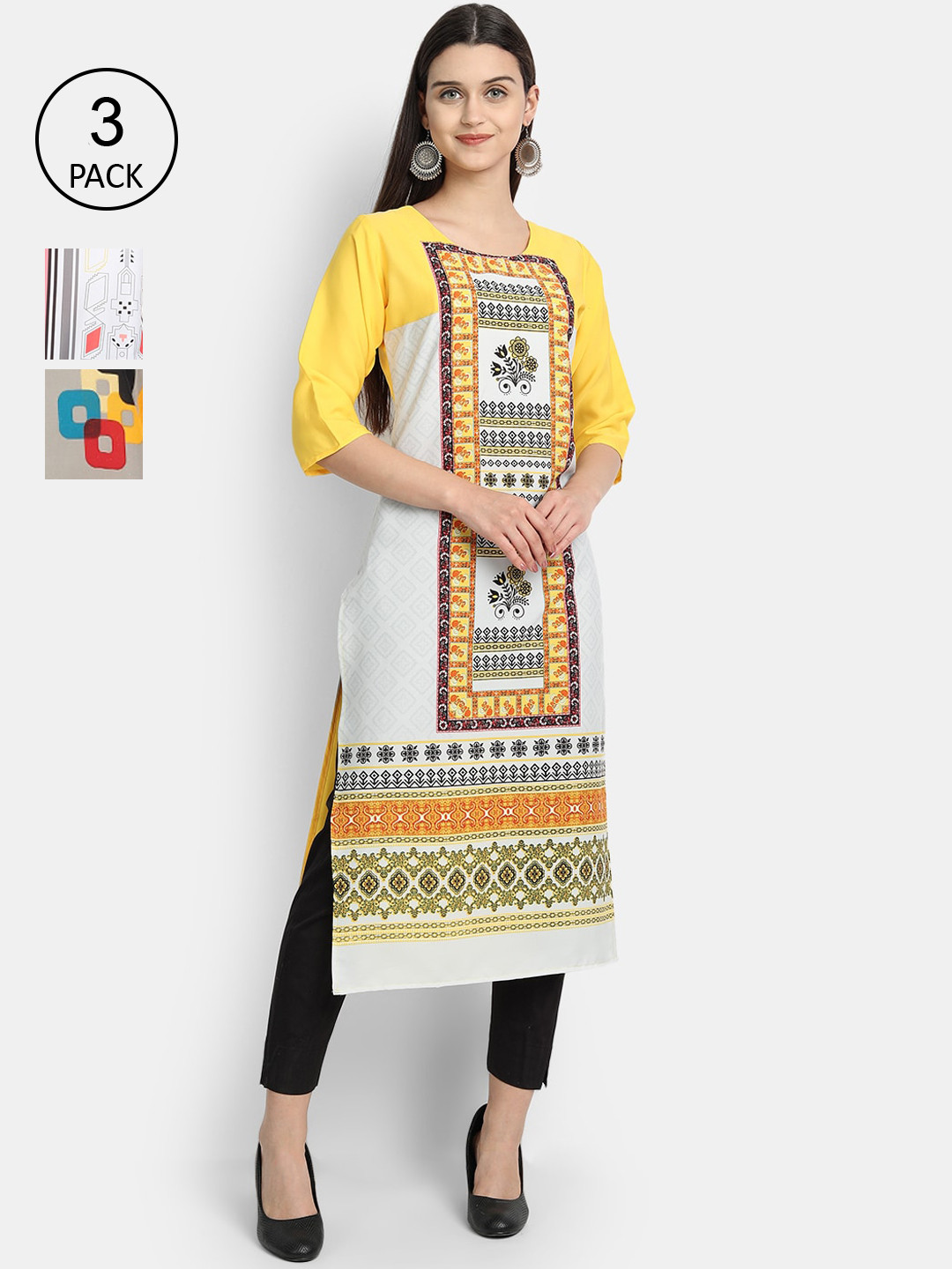 

Ethnic basket Women Pack of 3 Ethnic Motifs Printed Regular Sleeves Thread Kurta, Yellow