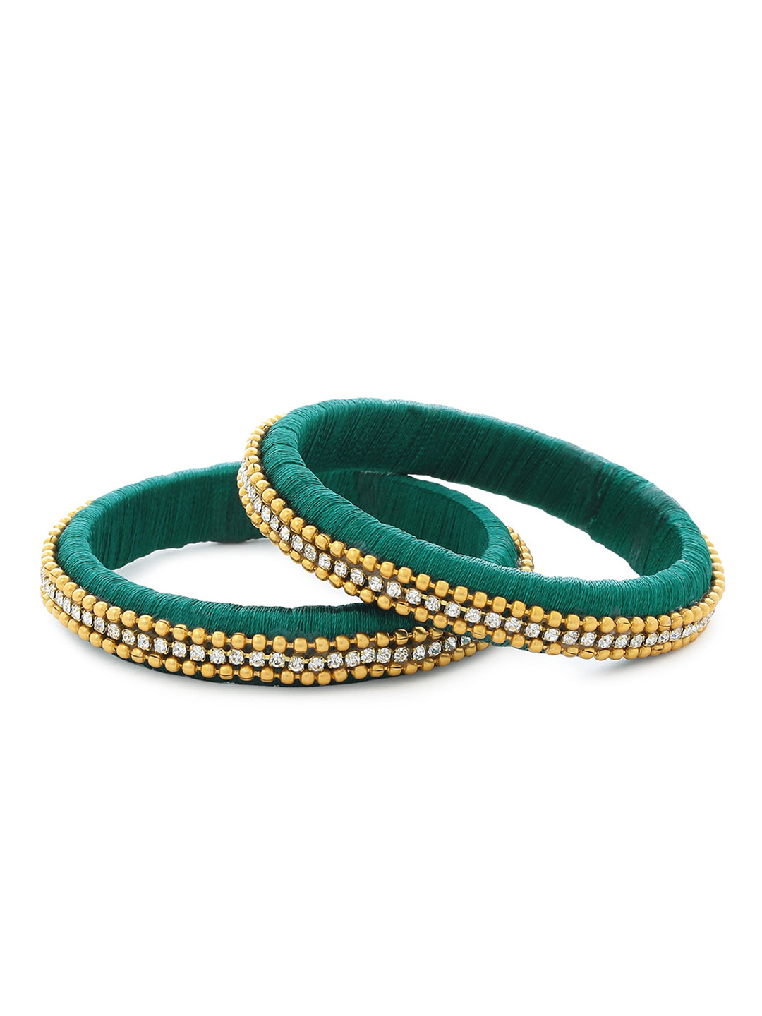 

AKSHARA Set of 2 Green & Gold-Toned Beaded Handcrafted Silk Thread Bangles