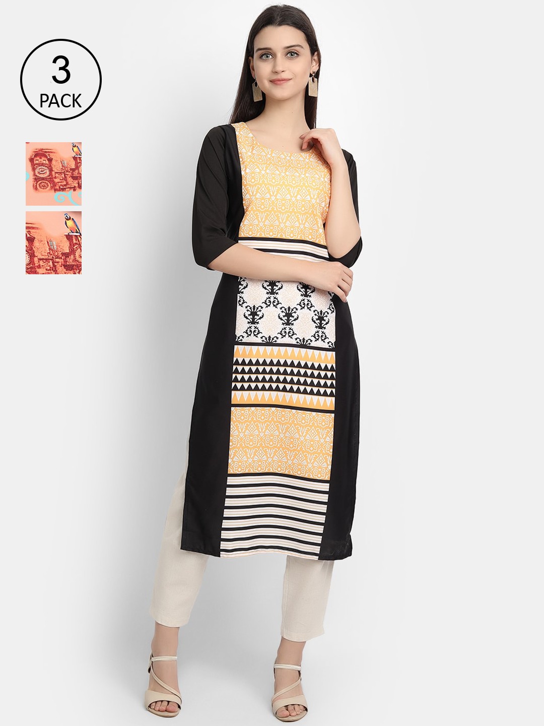 

Ethnic basket Women Pack Of 3 Ethnic Motifs Printed Crepe Kurta, Black
